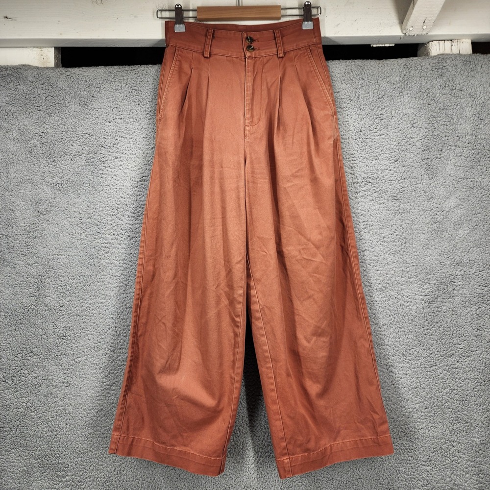 Madewell Pleated Wide Leg Pants Burnt Orange Rust High Rise Size 00 Cotton Blend